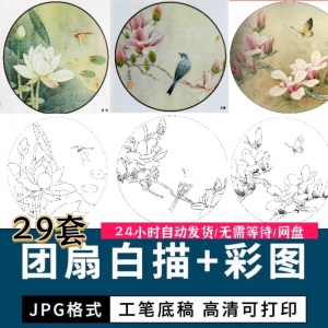 工笔花鸟白描国画团扇线描底稿彩图临摹参考电子版高清图片素材库-电商虚拟货源仓